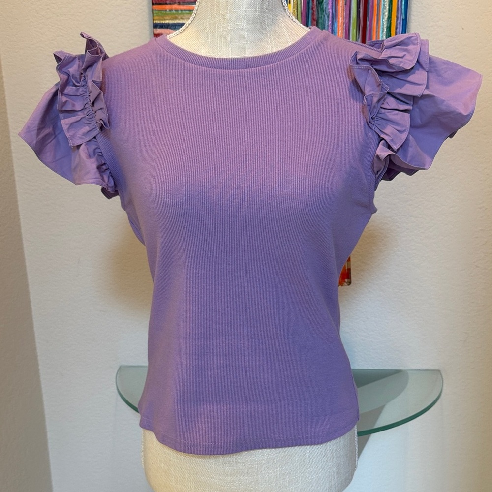 Anthropologie Lavender Ruffle Sleeve Short-Sleeve Tee
